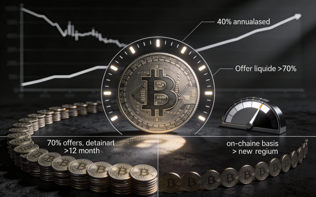 Grande pièce Bitcoin immobile au centre d’un anneau circulaire symbolisant un range de prix, entourée d’un arc dense de petites pièces sur la moitié inférieure et beaucoup plus clairsemées sur la moitié supérieure, avec une jauge latérale qui bascule, illustrant une offre de BTC détenue à long terme au-dessus de 70% et un changement discret de régime on-chain malgré une volatilité en recul.