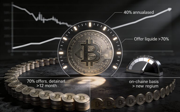 Grande pièce Bitcoin immobile au centre d’un anneau circulaire symbolisant un range de prix, entourée d’un arc dense de petites pièces sur la moitié inférieure et beaucoup plus clairsemées sur la moitié supérieure, avec une jauge latérale qui bascule, illustrant une offre de BTC détenue à long terme au-dessus de 70% et un changement discret de régime on-chain malgré une volatilité en recul.