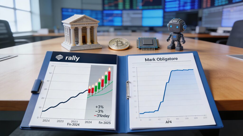 Dossier bleu ouvert sur un bureau de salle de marché montrant des graphiques imprimés avec un long rally haussier depuis 2024 puis de fortes oscillations de prix autour de plus ou moins 3% en décembre 2026, accompagné d’un graphique obligataire instable et de trois objets symboliques – maquette de banque centrale, jeton crypto et puce électronique – représentant les tensions liées aux taux, à la géopolitique et aux rotations sur la tech et l’IA.
