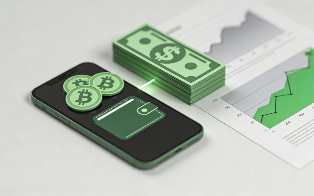 Smartphone affichant un portefeuille crypto avec des pièces numériques vertes posées sur l’écran reliées à une pile de billets façon dollar, tandis qu’un graphique en arrière-plan montre une zone verte gagnant du terrain, illustrant la montée en puissance des stablecoins indexés sur le dollar dans l’écosystème crypto et leur lien avec la macroéconomie globale.