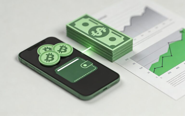 Smartphone affichant un portefeuille crypto avec des pièces numériques vertes posées sur l’écran reliées à une pile de billets façon dollar, tandis qu’un graphique en arrière-plan montre une zone verte gagnant du terrain, illustrant la montée en puissance des stablecoins indexés sur le dollar dans l’écosystème crypto et leur lien avec la macroéconomie globale.