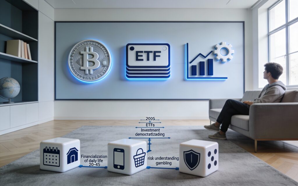 Salon moderne avec écran affichant des icônes Bitcoin, ETF et IA, et cubes pédagogiques symbolisant les nouveaux enjeux d’éducation financière en 2026.