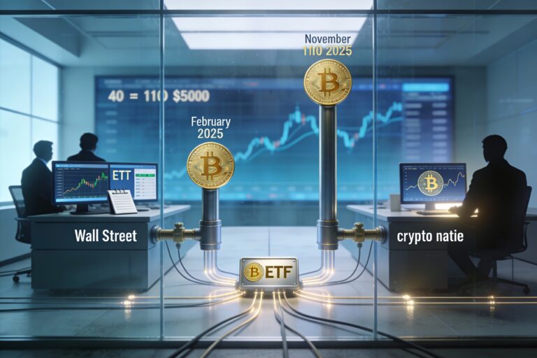 Salle de marché institutionnelle montrant des desks d’ETF à Wall Street reliés à un poste crypto par un hub central symbolisant les ETF bitcoin au comptant comme nouveau pont de liquidité et de gouvernance sur le marché du bitcoin.