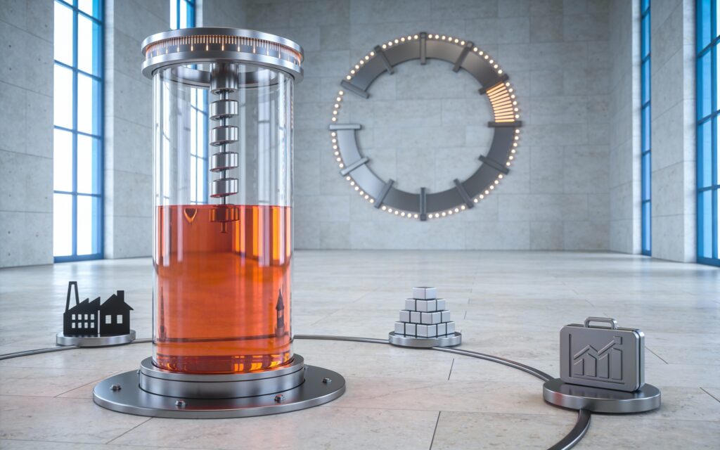 Colonne de verre inflation/taux au centre d’un hall de banque centrale, reliée à des symboles de dette, secteurs sensibles et portefeuilles.