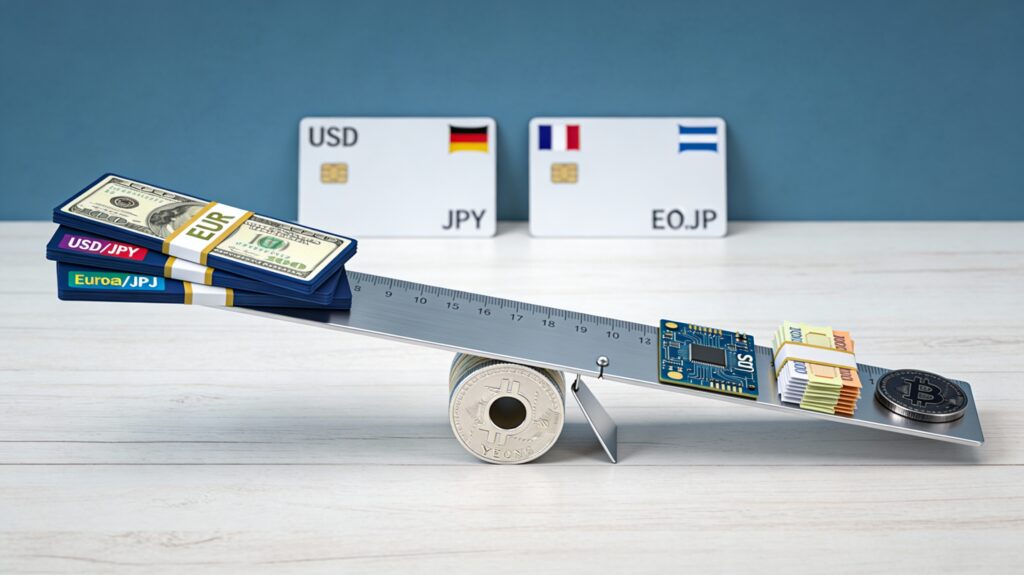 Règle métallique en équilibre sur une pile de pièces yen soutenant des cartes symbolisant techno US, high yield et crypto.