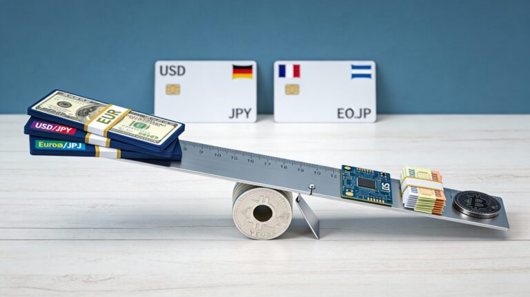 Règle métallique en équilibre sur une pile de pièces yen soutenant des cartes symbolisant techno US, high yield et crypto.