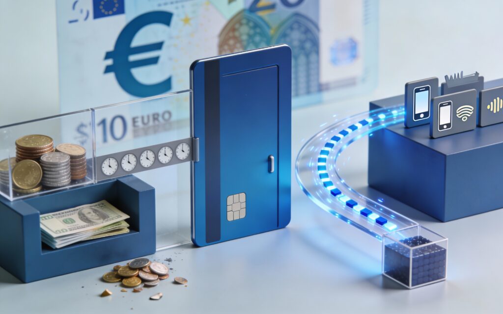 Carte bancaire séparant cash immobilisé et flux lumineux vers wallets numériques, symbole des paiements instantanés