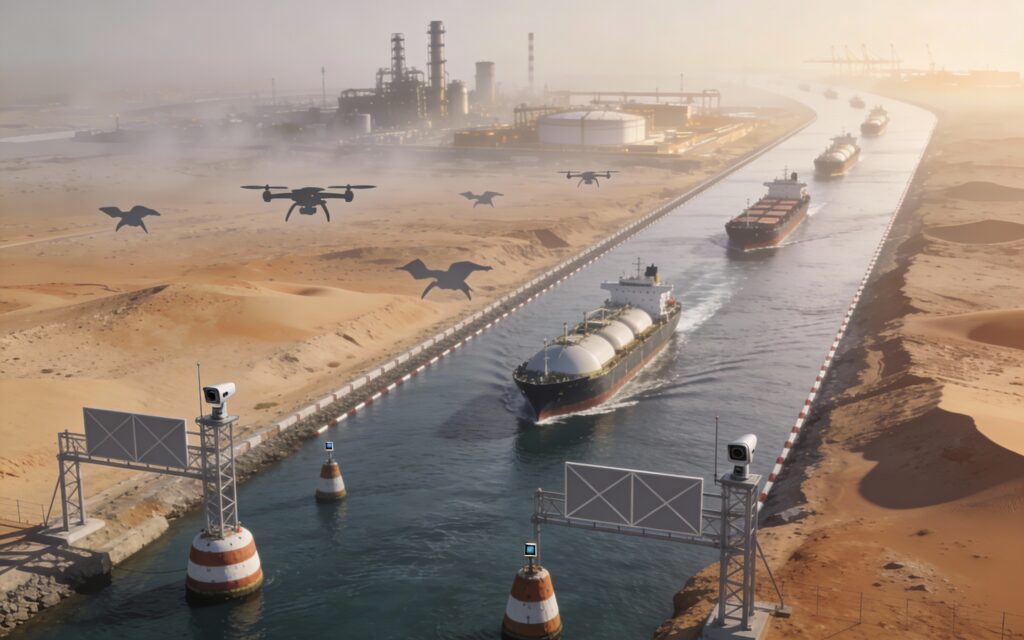 Navires gaziers surveillés par drones et caméras dans un canal désertique industriel