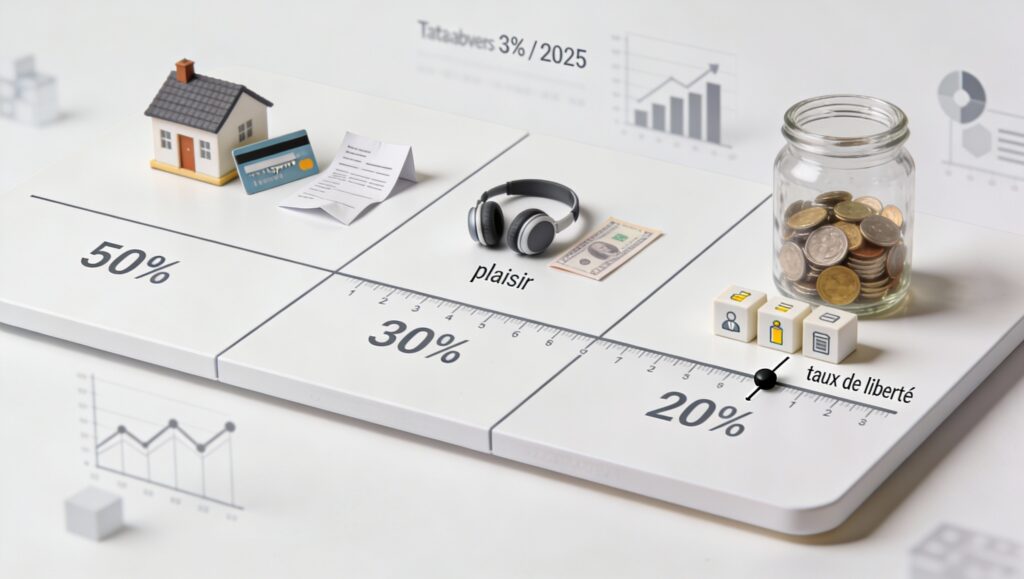 Plaque divisée en trois zones 50 30 20 avec maison, dépenses plaisir et bocal d’épargne comme indicateur de liberté financière