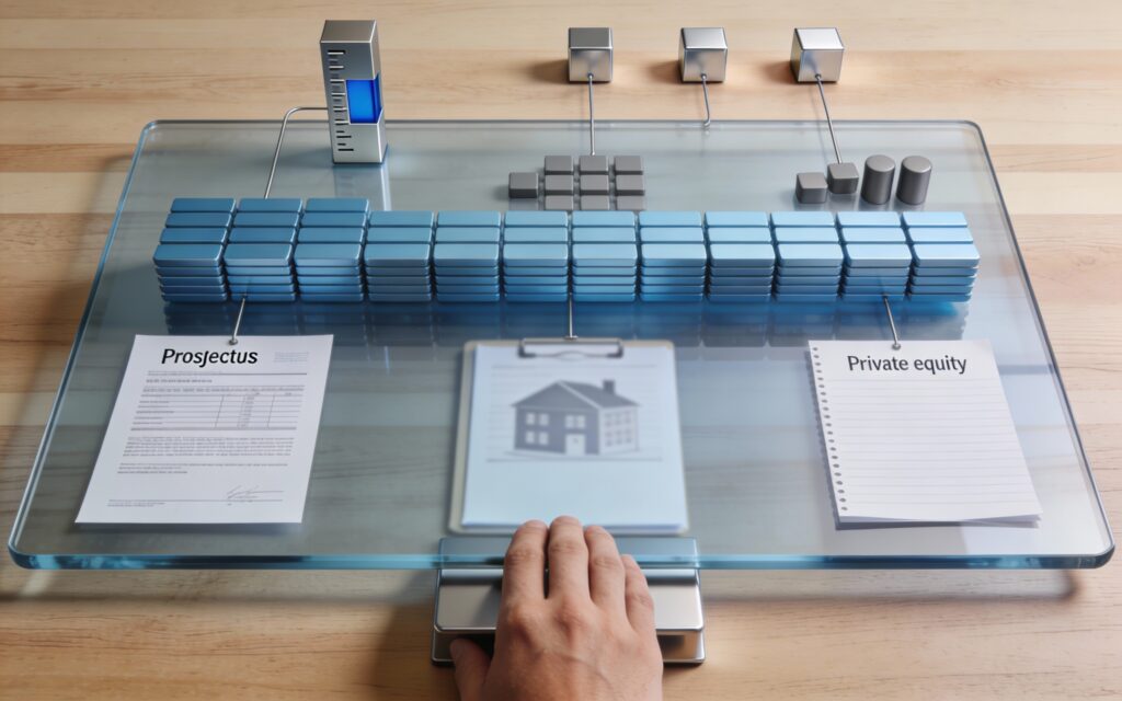 Plaque de verre symbolisant l’infrastructure de tokenisation posée sur des documents d’obligations, immobilier et private equity avec jetons.