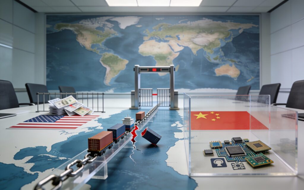 Illustration géopolitique montrant une carte du monde avec la Chine et les États-Unis reliés par une chaîne logistique de conteneurs et de puces électroniques brisée au centre, symbolisant la fragmentation technologique et financière qui menace les marchés et les portefeuilles