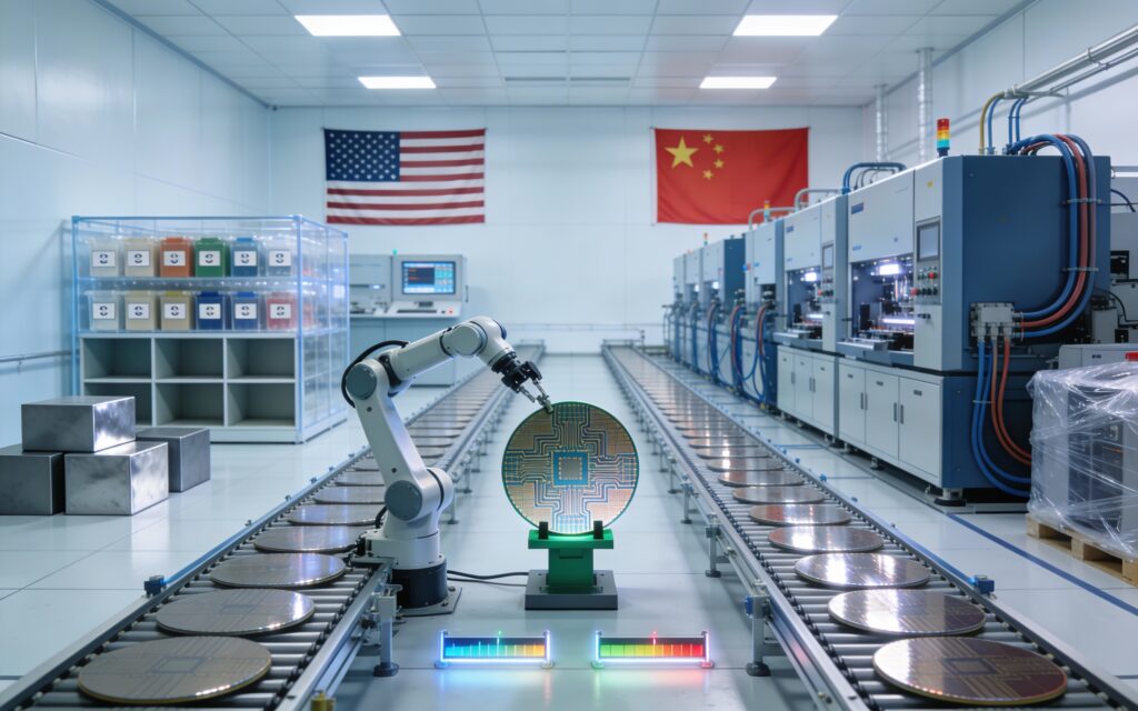 Chaîne de production de wafers dans une usine de puces, avec stocks de minerais critiques et machines lourdes sous drapeaux USA et Chine.