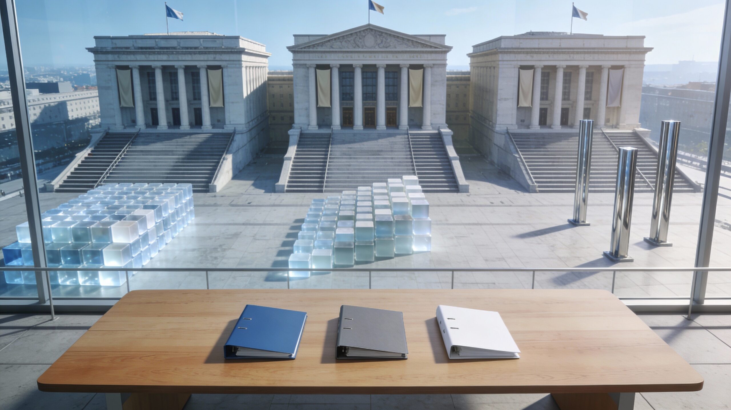 Trois banques centrales monumentales alignées devant une table de conférence vide, symbolisant un resserrement coordonné.
