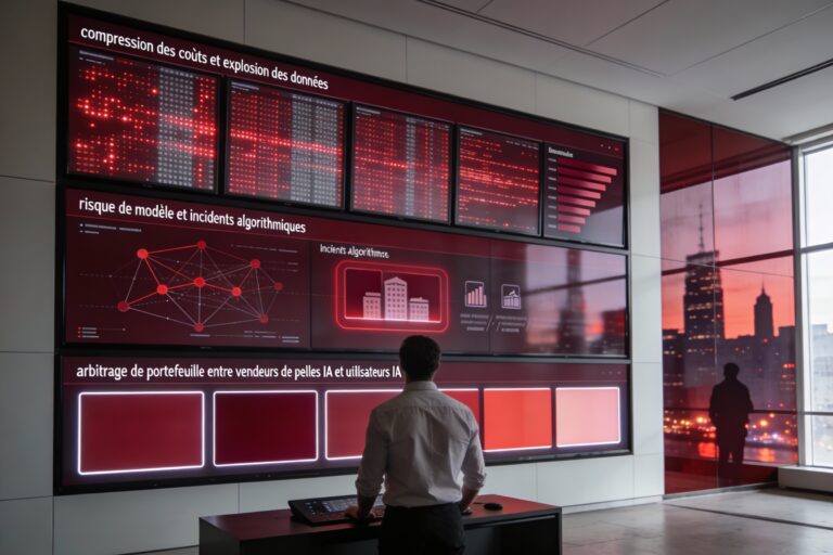 Salle de contrôle des risques montrant écrans de données IA financières, incidents de modèles et arbitrage de portefeuille entre fournisseurs d’infrastructure IA et banques/fintech utilisatrices.