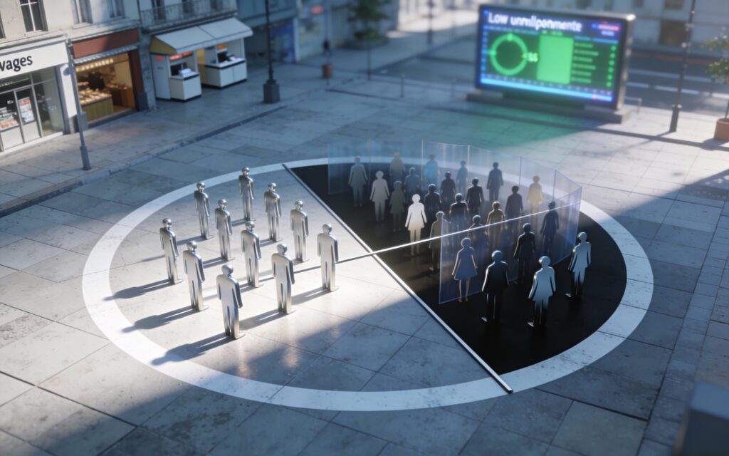 Grande place avec cercle au sol partagé entre silhouettes visibles en lumière et foule de silhouettes estompées dans l’ombre symbolisant le chômage caché en 2026.