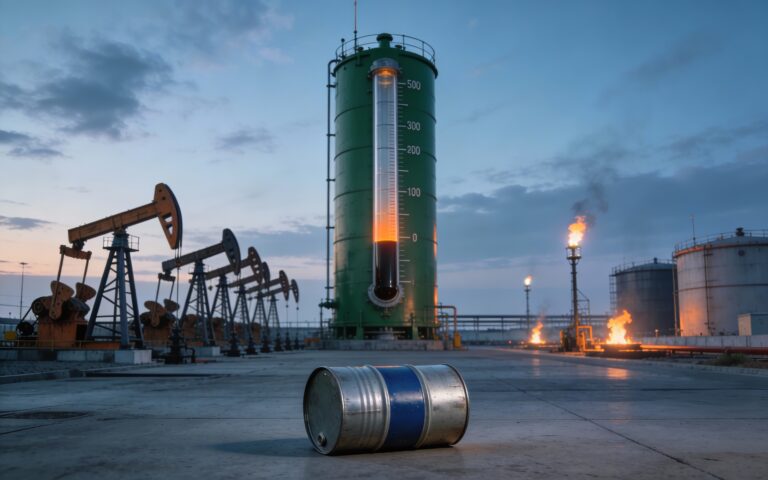 Baril de Brent sous une jauge de stockage presque vide dans une installation pétrolière au crépuscule.