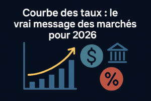 Infographie montrant un graphique de courbe des taux en hausse avec des icônes financières représentant le dollar, les taux d’intérêt et les banques.