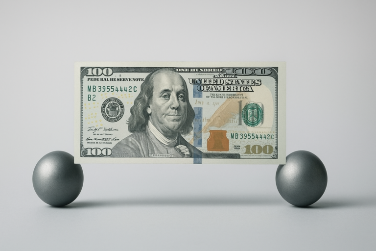 Billet de 100 dollars américains maintenu en équilibre entre deux sphères métalliques, illustrant le tournant économique et l’incertitude macroéconomique de 2025.