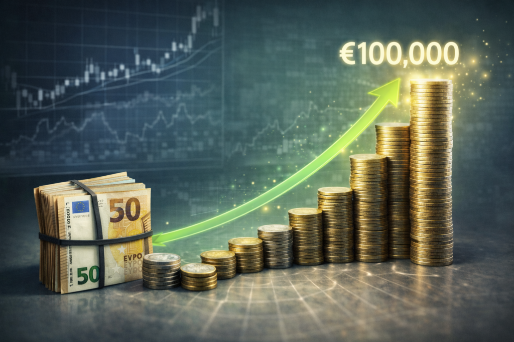 Accumulation progressive d’épargne illustrant l’effet des intérêts composés avec des versements mensuels réguliers dans un contexte de taux réels positifs