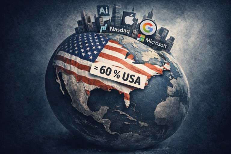 Globe incliné montrant le poids dominant des actions américaines dans un ETF monde, autour de 60 % de l’indice