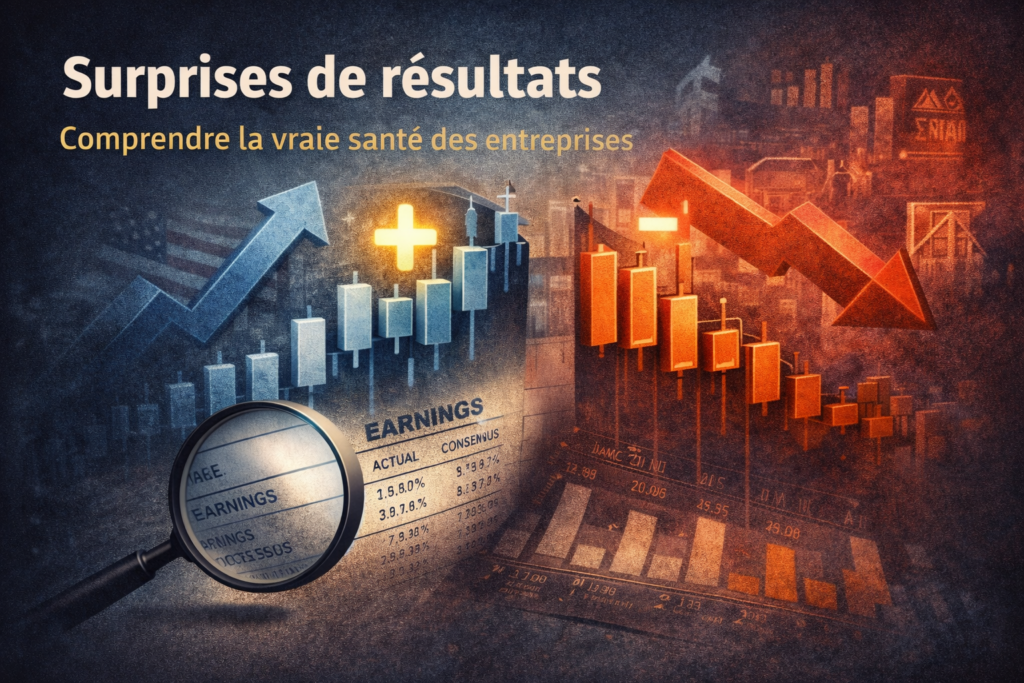 Illustration de publications de résultats opposant surprises positives et négatives, mettant en évidence l’écart entre bénéfices publiés et consensus du marché