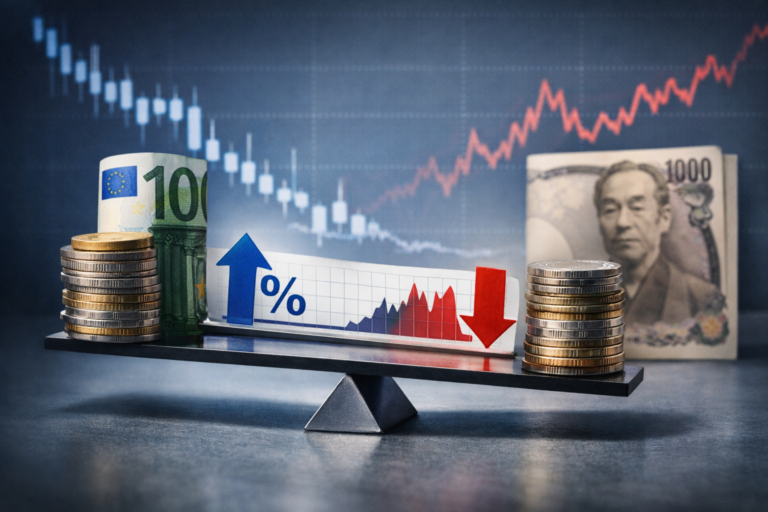 Équilibre instable entre euro et yen illustrant la compression du différentiel de taux et la remontée du risque de change sur le carry trade EUR/JPY fin 2025.