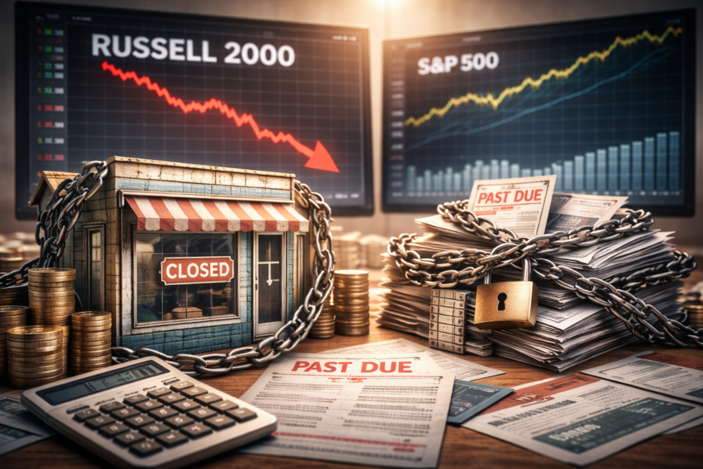 Illustration de la sous-performance du Russell 2000 montrant l’impact des taux élevés et du refinancement sur les petites entreprises américaines fin 2025.