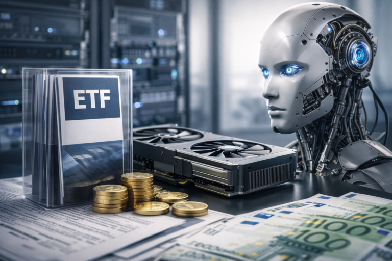 ETF intelligence artificielle illustré par un serveur informatique, un processeur graphique et des éléments financiers, symbolisant l’investissement IA en 2025
