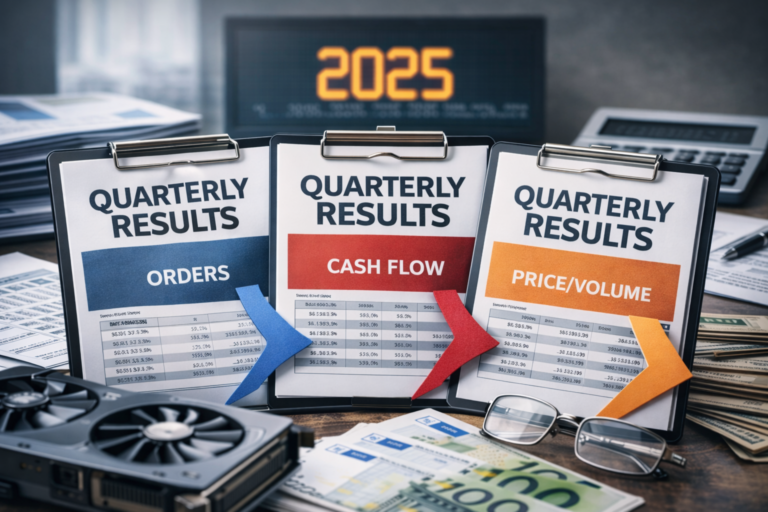 Documents de résultats trimestriels mettant en avant commandes, cash-flow et mix prix-volume, illustrant les indicateurs clés pour anticiper les profits futurs en 2025.