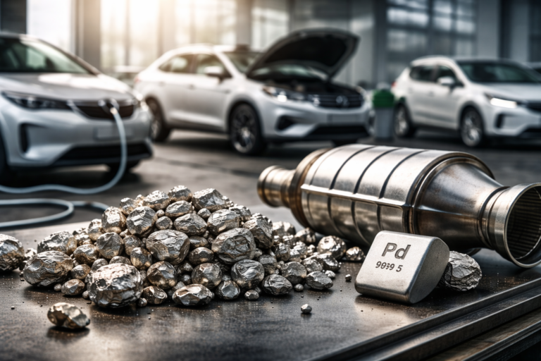 Palladium brut et catalyseur automobile au premier plan, avec véhicules thermique, hybride et électrique en arrière-plan, illustrant la pression sur la demande automobile du palladium