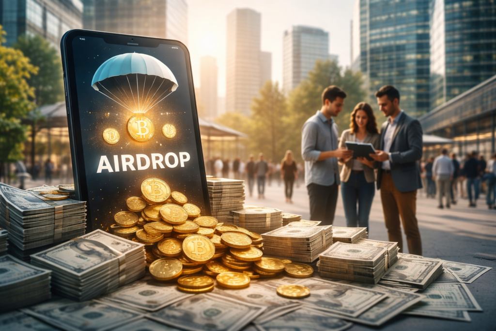 Smartphone affichant un airdrop crypto avec des jetons numériques distribués dans un environnement urbain, illustrant la financiarisation des airdrops.