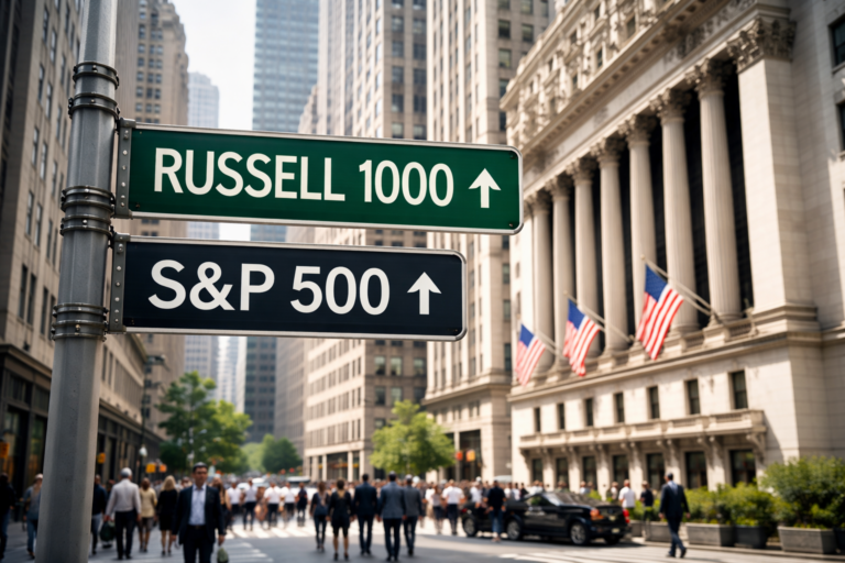 Panneaux indiquant Russell 1000 et S&P 500 dans le quartier financier de New York, illustrant la divergence interne du marché actions américain.