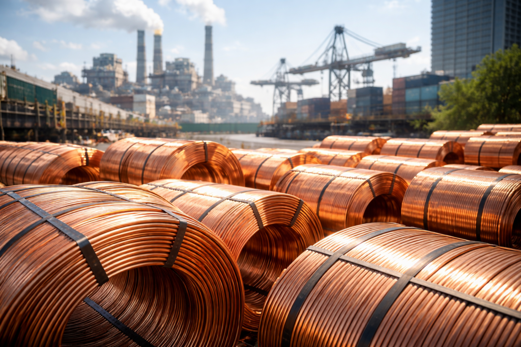 Bobines de cuivre stockées sur un site industriel avec infrastructures logistiques en arrière-plan, illustrant le rôle du cuivre dans l’investissement productif.