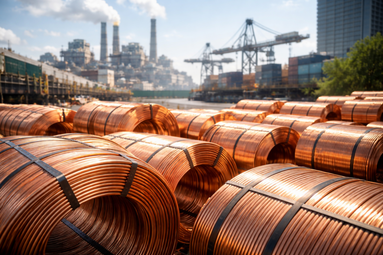 Bobines de cuivre stockées sur un site industriel avec infrastructures logistiques en arrière-plan, illustrant le rôle du cuivre dans l’investissement productif.