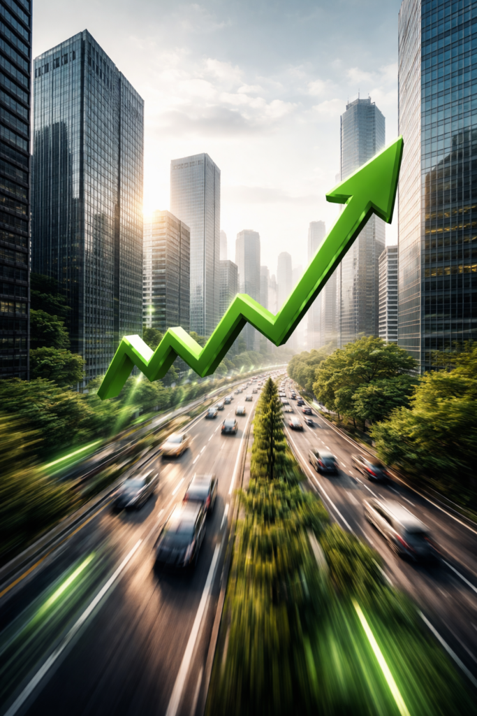 Environnement urbain moderne illustrant la dynamique du momentum actions sur les marchés financiers, dans un contexte de taux d’intérêt élevés et de rotations rapides des flux en 2025.