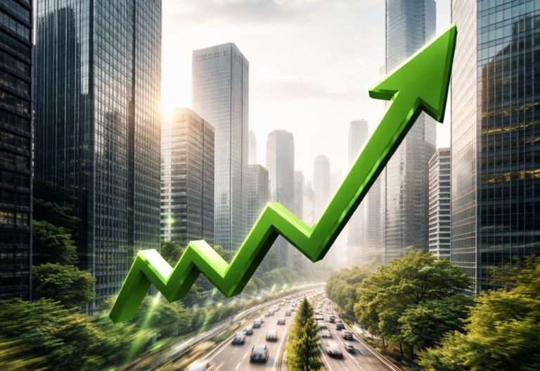 Environnement urbain moderne illustrant la dynamique du momentum actions sur les marchés financiers, dans un contexte de taux d’intérêt élevés et de rotations rapides des flux en 2025.