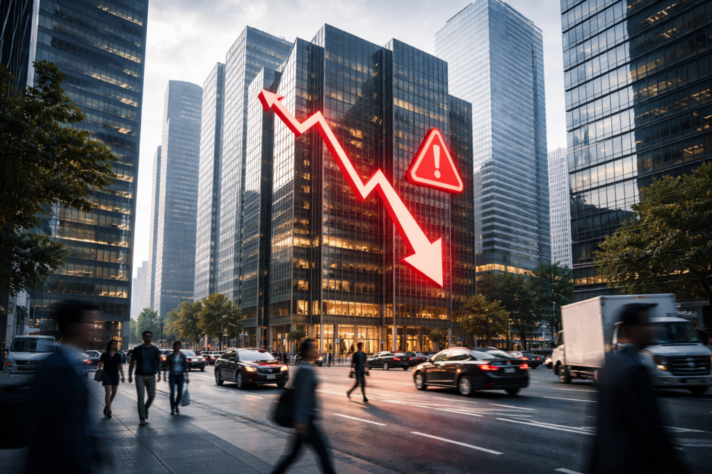 Quartier d’affaires européen symbolisant l’impact des profit warning sur les entreprises en 2026