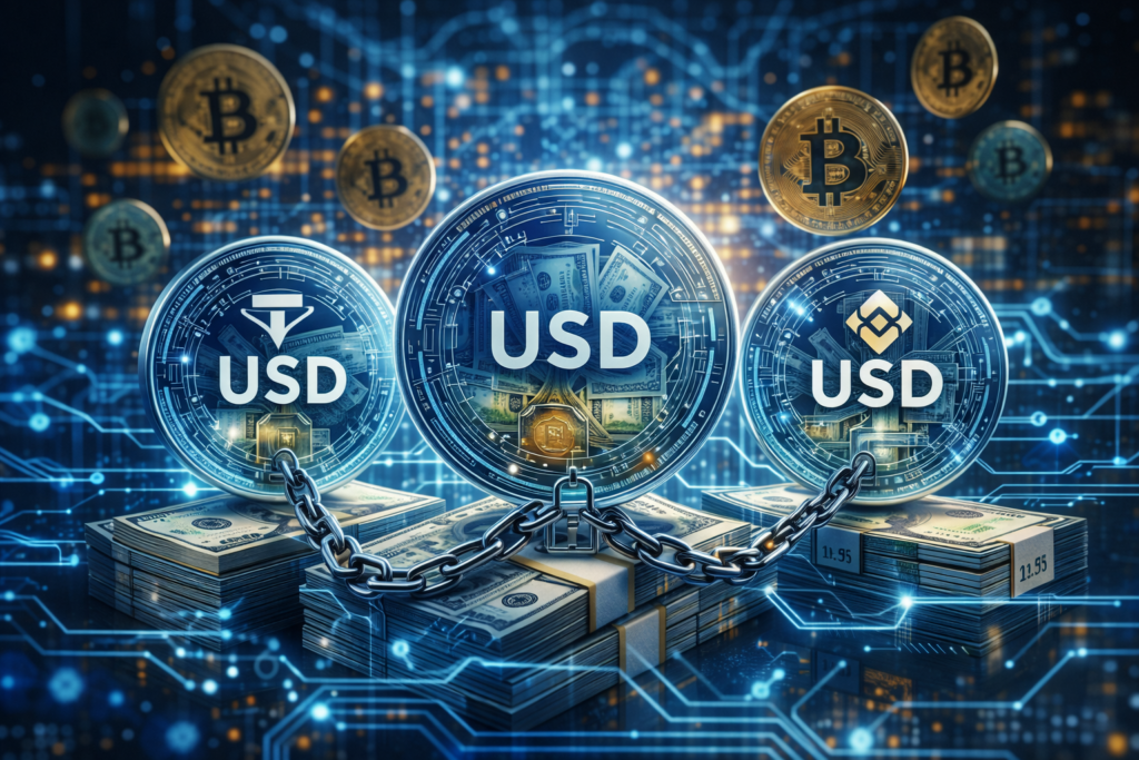 Jetons de stablecoins en dollars adossés à des billets américains et reliés entre eux, illustrant le rôle central des stablecoins USD comme socle de la liquidité des marchés crypto.