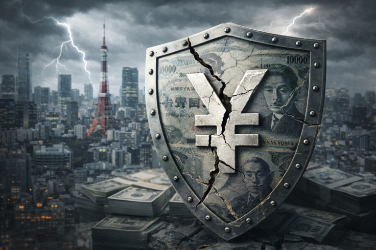 Bouclier fissuré formé d’un billet de yen devant la skyline de Tokyo, illustrant l’affaiblissement du rôle du yen comme valeur refuge en période de crise financière.
