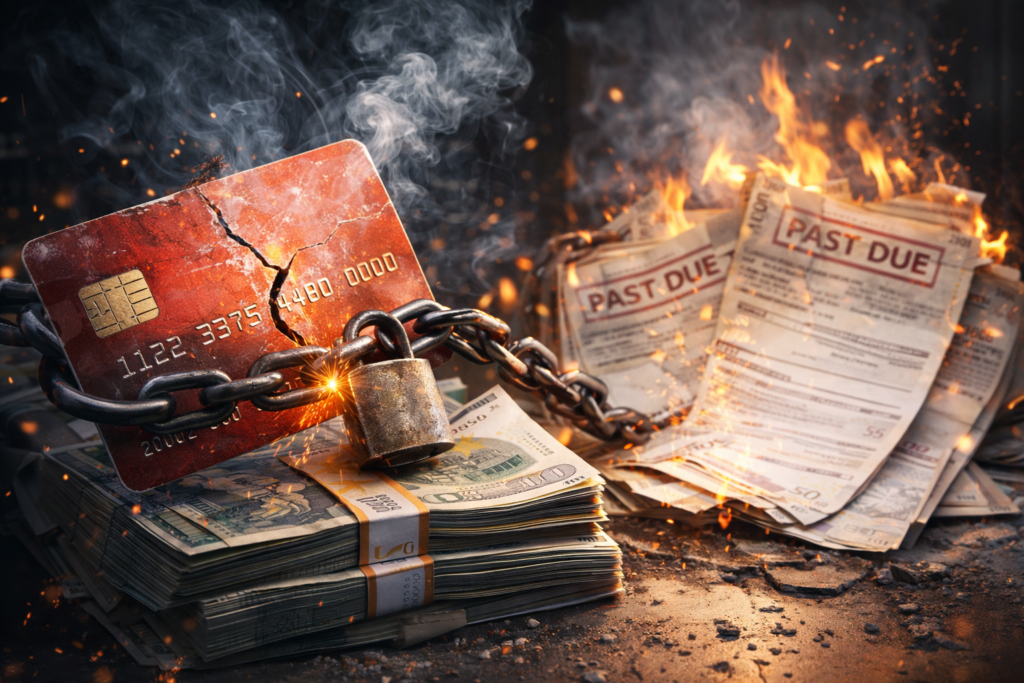 Carte de crédit et billets empilés formant une spirale fermée, illustrant le mécanisme du crédit revolving et l’enfermement progressif lié aux taux élevés et aux mensualités faibles.