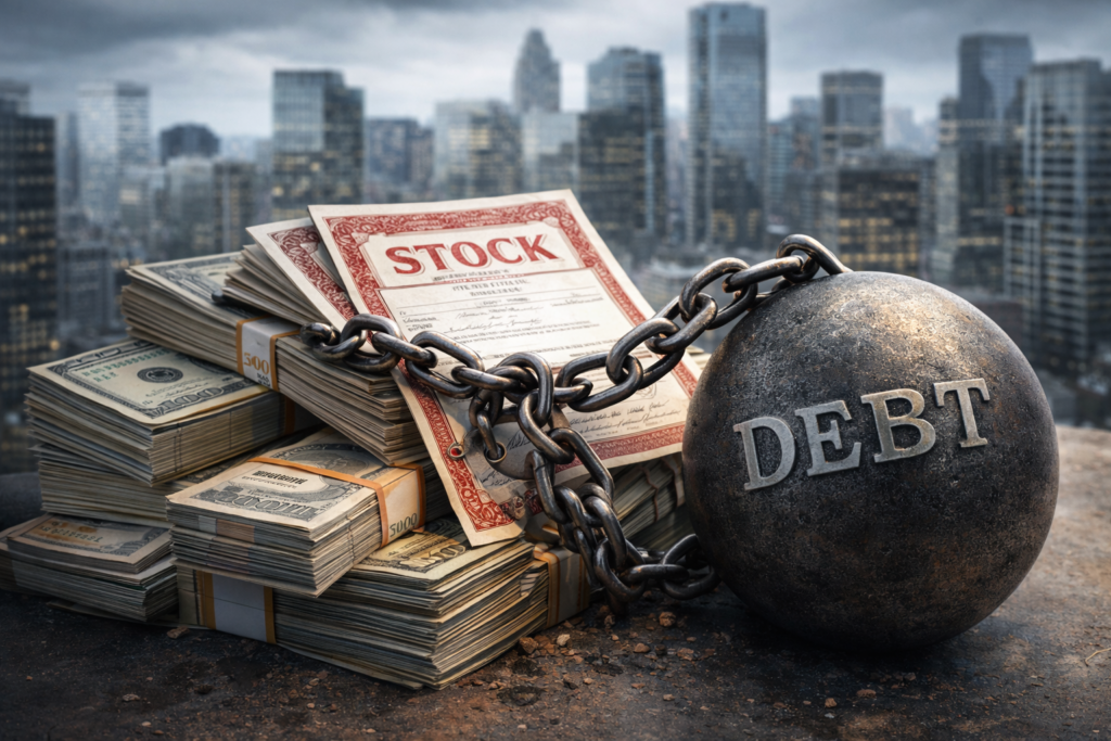 Actions d’entreprise rachetées à crédit, symbolisées par des titres financiers soutenus par des piles de dette, illustrant le recours à l’endettement pour soutenir artificiellement le bénéfice par action.