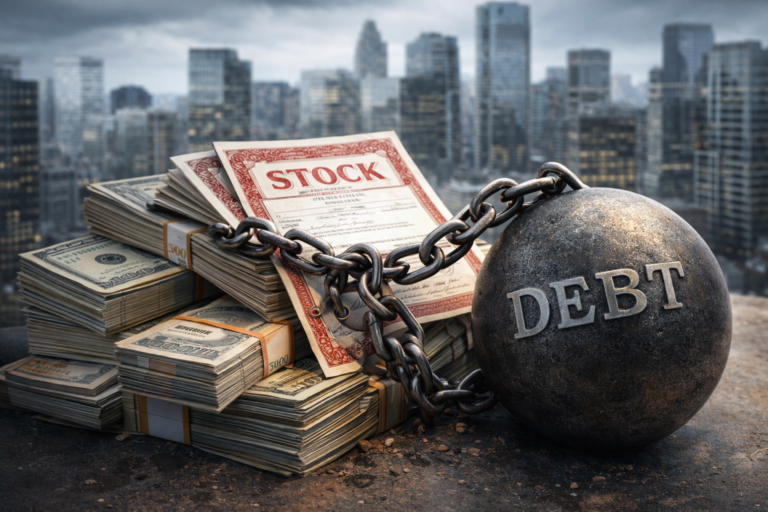 Actions d’entreprise rachetées à crédit, symbolisées par des titres financiers soutenus par des piles de dette, illustrant le recours à l’endettement pour soutenir artificiellement le bénéfice par action.