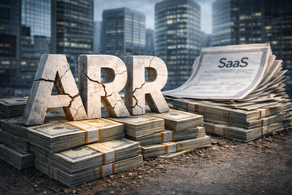 Lettres ARR fissurées posées sur des piles de contrats SaaS et de billets, devant des immeubles de bureaux, illustrant les limites de l’ARR comme indicateur de valeur des entreprises technologiques.