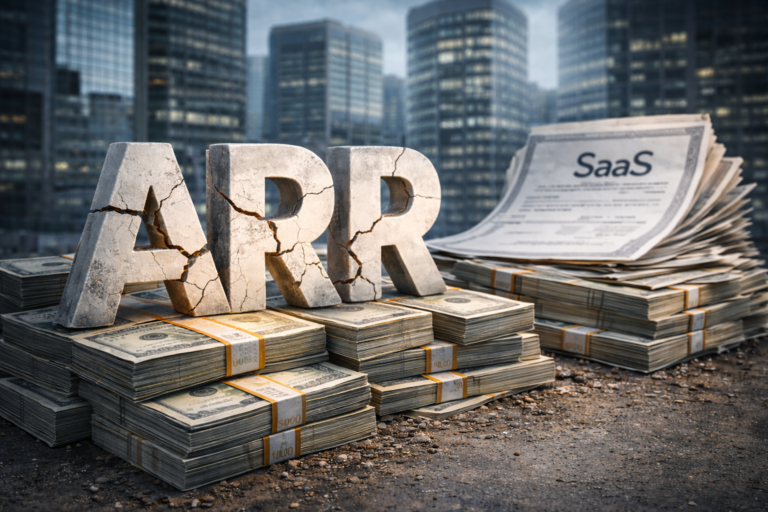 Lettres ARR fissurées posées sur des piles de contrats SaaS et de billets, devant des immeubles de bureaux, illustrant les limites de l’ARR comme indicateur de valeur des entreprises technologiques.