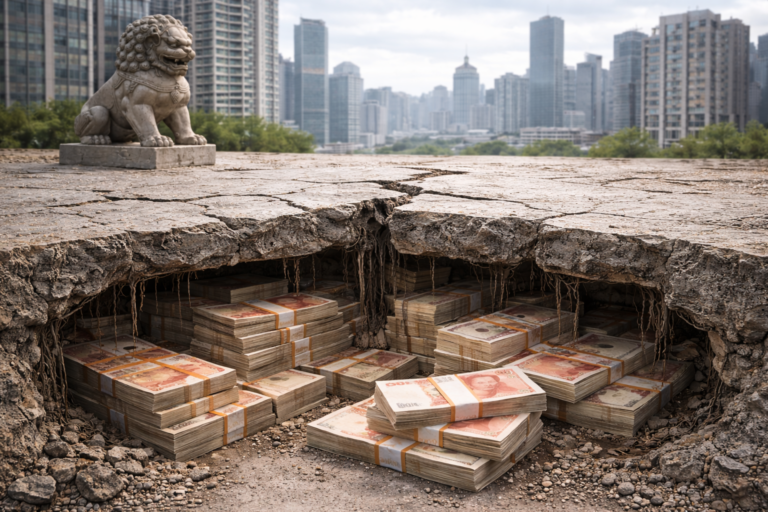 Sol fissuré révélant des liasses de yuans sous une zone urbaine chinoise, illustrant le shadow banking chinois et les risques financiers dissimulés hors du système bancaire classique.