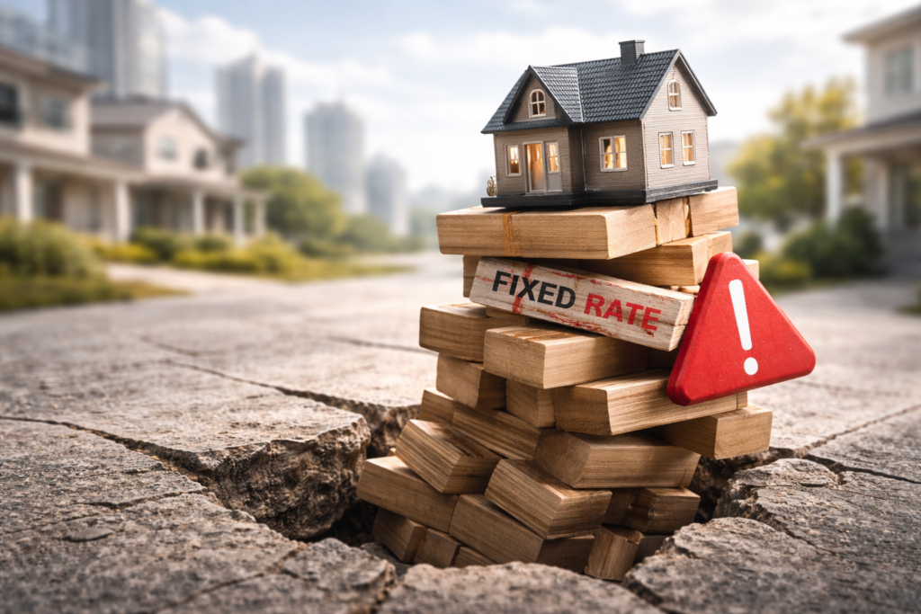 Maison individuelle posée sur une structure instable de blocs en bois, illustrant la fragilisation du marché immobilier liée à la fin progressive des taux fixes bancaires.