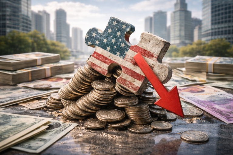 Déséquilibre du déficit courant américain illustré par des piles de devises internationales et un élément financier américain en bascule, symbolisant la dépendance aux capitaux étrangers.