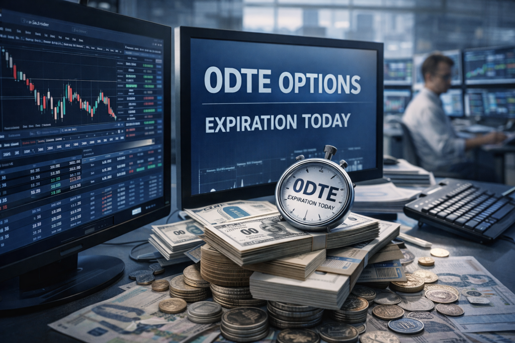 Poste de trading avec écrans affichant des options arrivant à échéance le jour même et un chronomètre, illustrant l’impact des options 0DTE sur la dynamique intraday des indices boursiers.