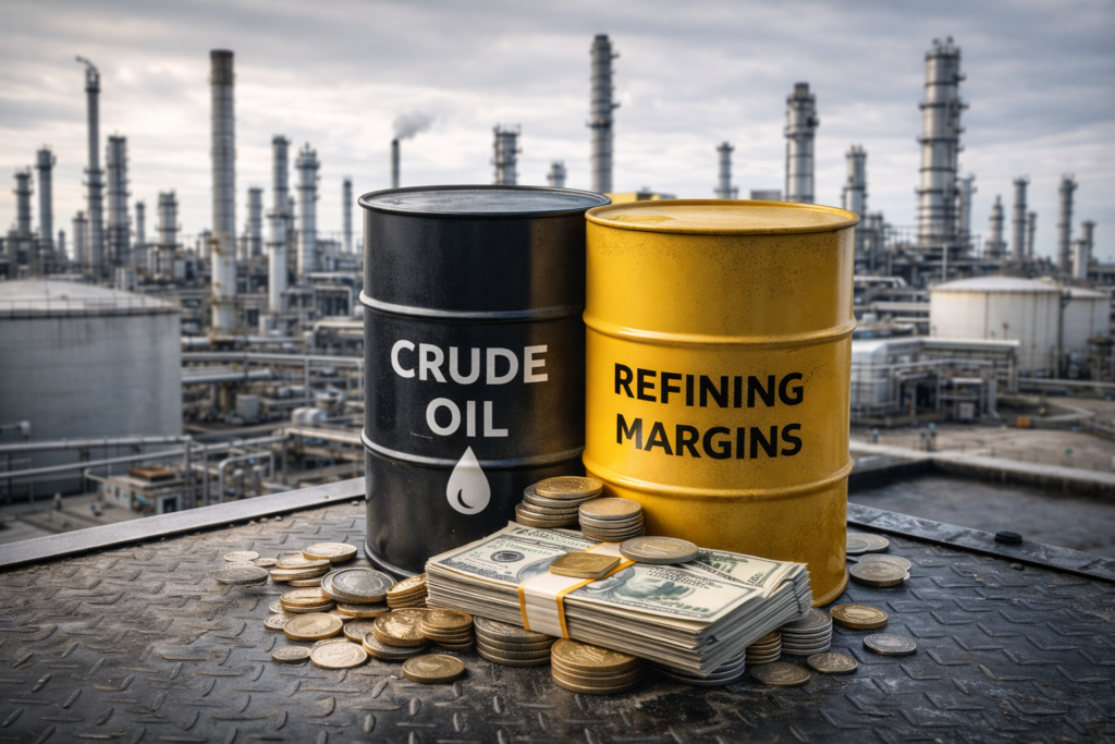 Raffinerie de pétrole avec barils de brut et éléments financiers au premier plan, illustrant le rôle central des marges de raffinage dans les profits pétroliers.