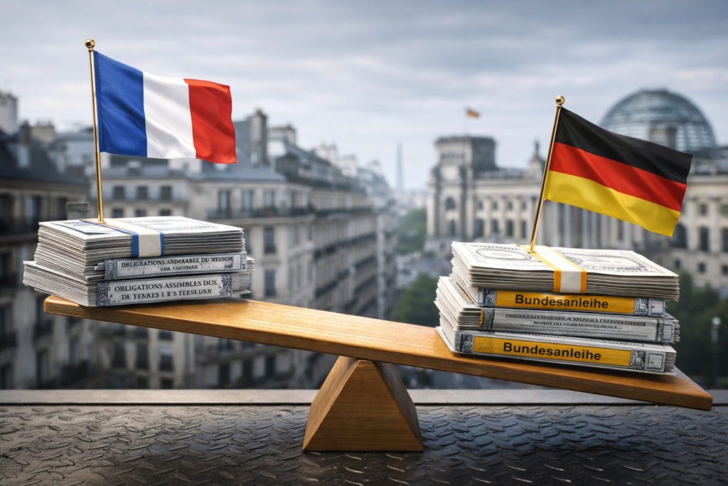 Deux obligations souveraines miniatures représentant la France et l’Allemagne séparées par un léger écart, illustrant le spread OAT–Bund comme indicateur de prime de risque sur la dette française.
